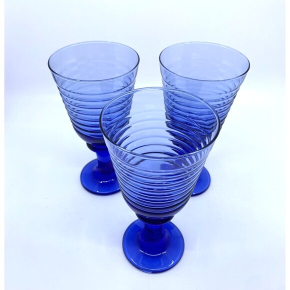 3 Vintage Libbey Ribbed Water Glasses Sirrus Cobalt Blue 7 3/8" Tall Goblet Wine - Picture 2 of 9